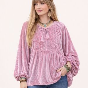 Ivy Jane Pink Velvet Embroidered Boho Peasant Blouse Tunic Artsy Cottagecore M/L